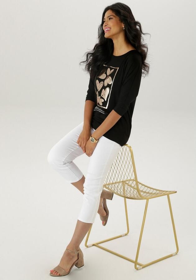 Aniston SELECTED Shirt met 3 4 mouwen met goudkleurige harten en statementtekst - Foto 6