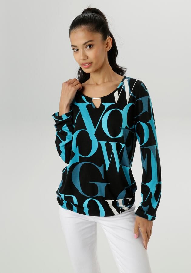 Aniston SELECTED Shirt met lange mouwen met cut-out en trendy letterprint nieuwe collectie - Foto 7