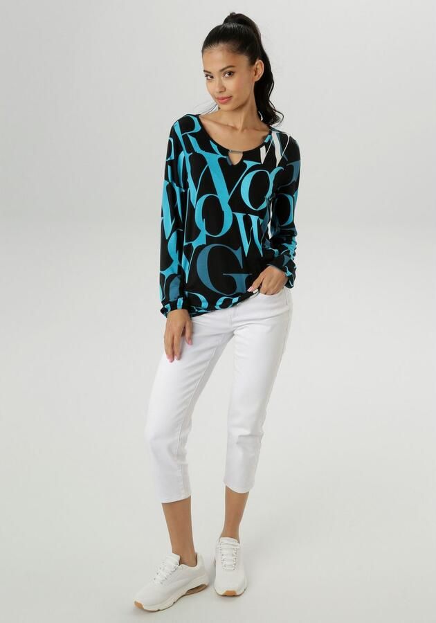 Aniston SELECTED Shirt met lange mouwen met cut-out en trendy letterprint nieuwe collectie - Foto 5