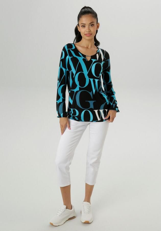 Aniston SELECTED Shirt met lange mouwen met cut-out en trendy letterprint nieuwe collectie - Foto 6