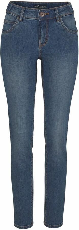 Arizona Slim fit jeans Tailleband met zij-elastiek inzet smalle pasvorm skinny jeans used-wassing hoge taille - Foto 9
