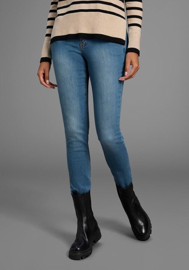 Arizona Slim fit jeans Tailleband met zij-elastiek inzet smalle pasvorm skinny jeans used-wassing hoge taille - Foto 4