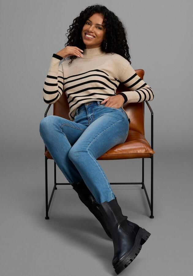 Arizona Slim fit jeans Tailleband met zij-elastiek inzet smalle pasvorm skinny jeans used-wassing hoge taille - Foto 6