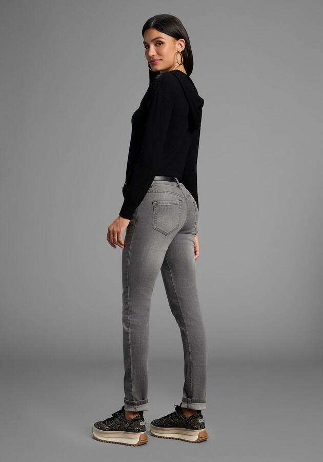 Arizona Slim fit jeans Tailleband met zij-elastiek inzet smalle pasvorm skinny jeans used-wassing hoge taille - Foto 3