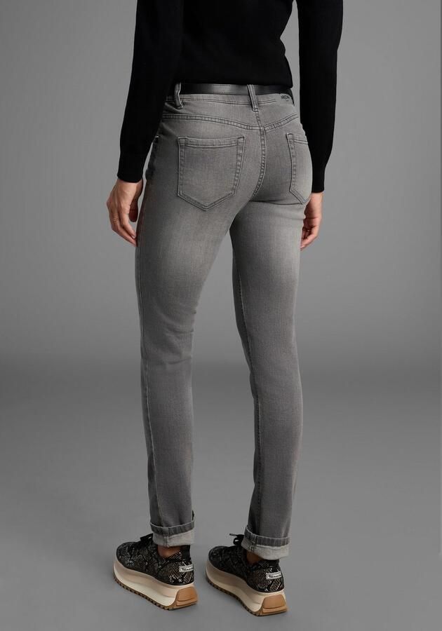 Arizona Slim fit jeans Tailleband met zij-elastiek inzet smalle pasvorm skinny jeans used-wassing hoge taille - Foto 5