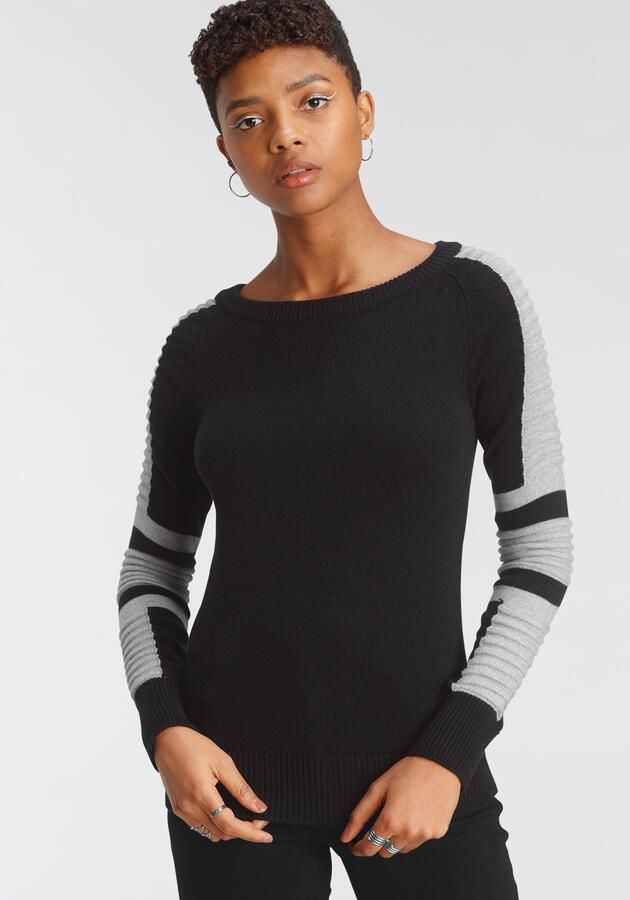 Arizona Trui met ronde hals In bikerstijl met mouwen in fijn en grof ribbreisel - Foto 6