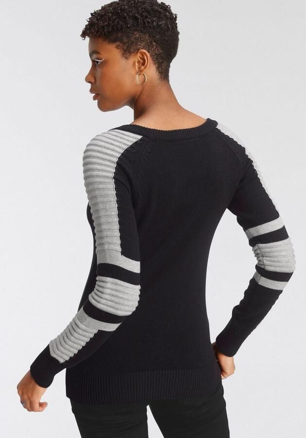 Arizona Trui met ronde hals In bikerstijl met mouwen in fijn en grof ribbreisel - Foto 4