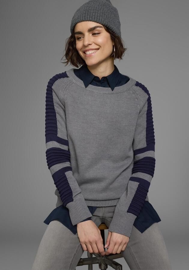 Arizona Trui met ronde hals In bikerstijl met mouwen in fijn en grof ribbreisel - Foto 5