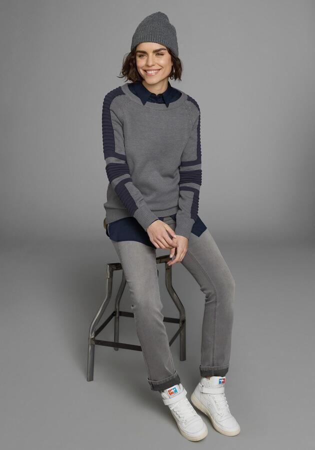 Arizona Trui met ronde hals In bikerstijl met mouwen in fijn en grof ribbreisel - Foto 7