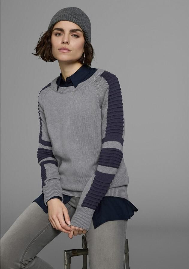 Arizona Trui met ronde hals In bikerstijl met mouwen in fijn en grof ribbreisel - Foto 3