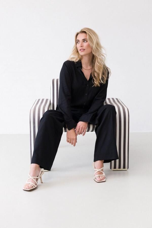 Base Level blouse Yael met linnen zwart - Foto 6