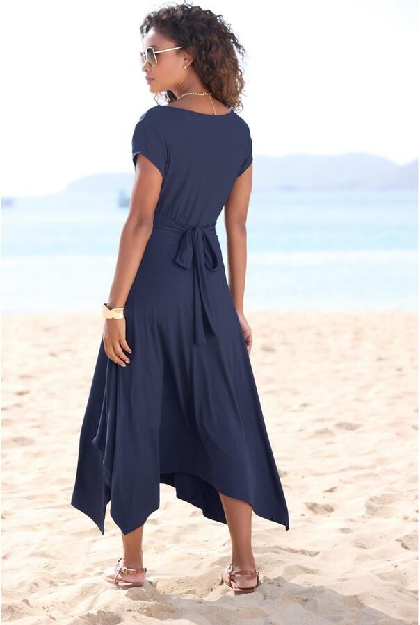 Beachtime Zomerjurk met puntzoom en strik jersey jurk asymmetrisch rokdeel - Foto 4
