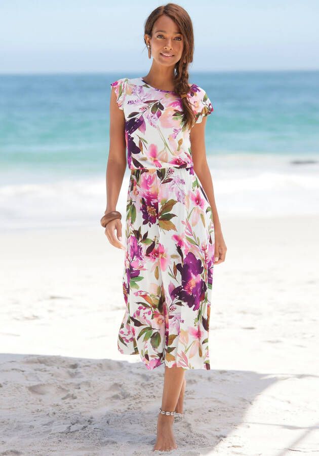 Beachtime Midi-jurk met bloemenprint en elastische tailleband zomerjurk strandjurk