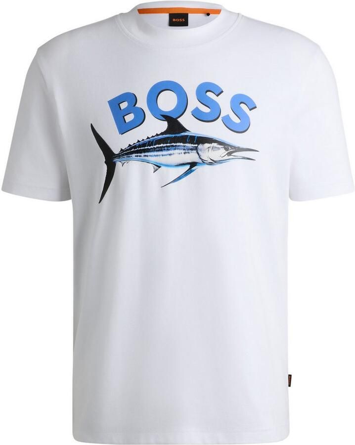 Boss Orange T-shirt met label- en motiefprint model 'Bossfish'