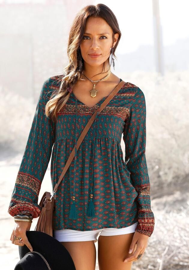 Buffalo Blouse zonder sluiting met etnische print en sierparels boho-stijl blouse met lange mouwen - Foto 7