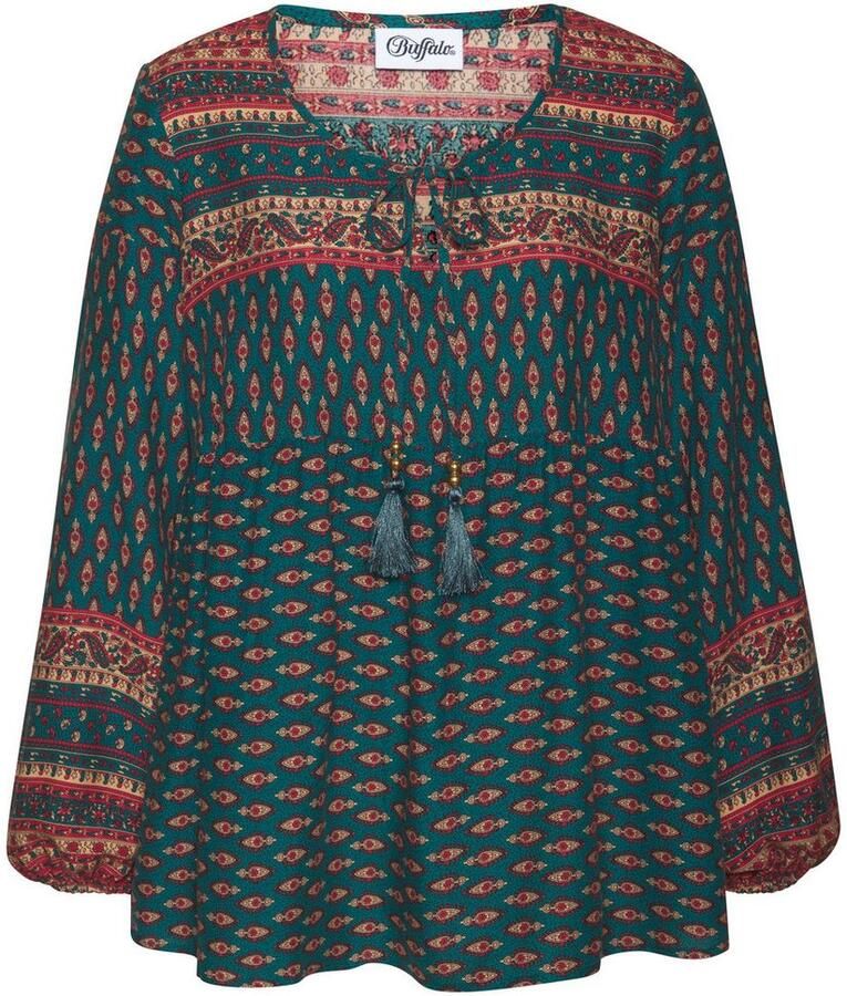 Buffalo Blouse zonder sluiting met etnische print en sierparels boho-stijl blouse met lange mouwen