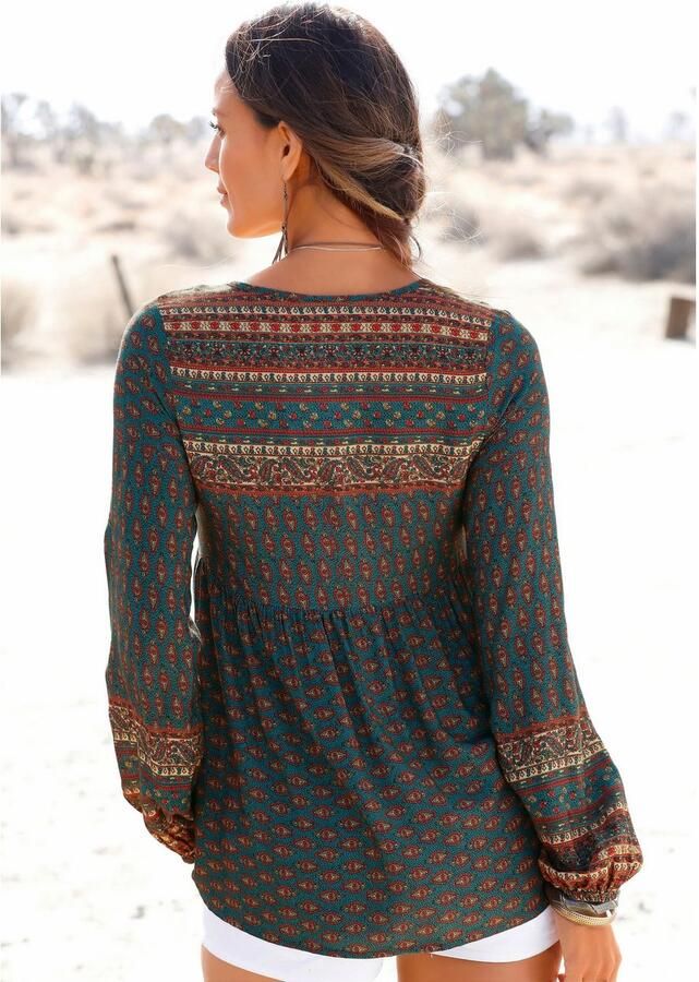 Buffalo Blouse zonder sluiting met etnische print en sierparels boho-stijl blouse met lange mouwen - Foto 5