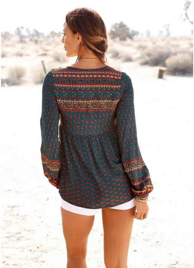 Buffalo Blouse zonder sluiting met etnische print en sierparels boho-stijl blouse met lange mouwen - Foto 2