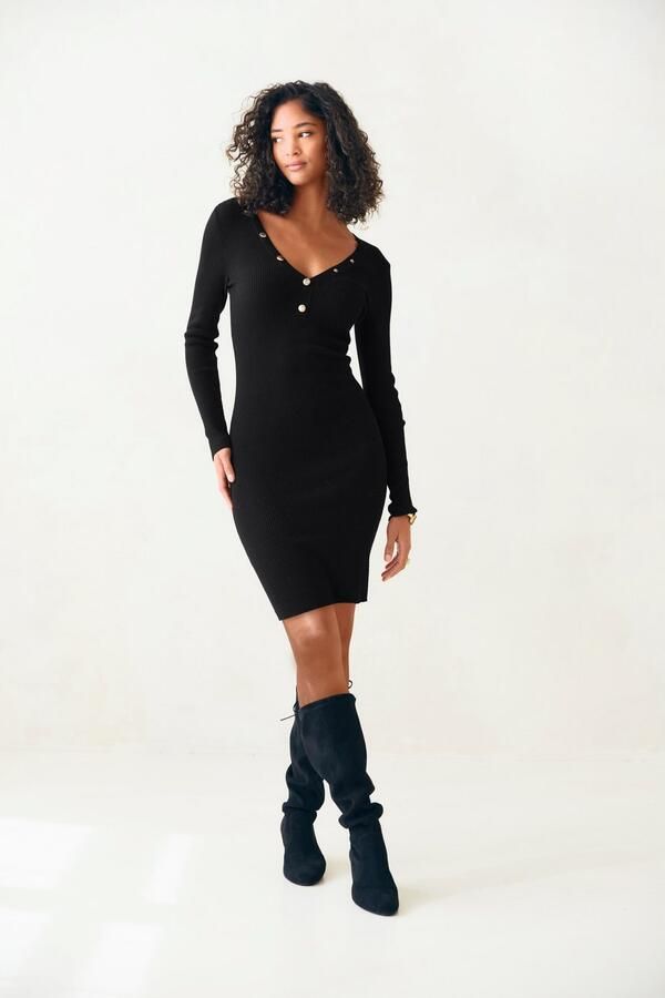 Buffalo Gebreide jurk met v-hals en decoratieve knopen figuuraccentuerend casual-chic - Foto 5