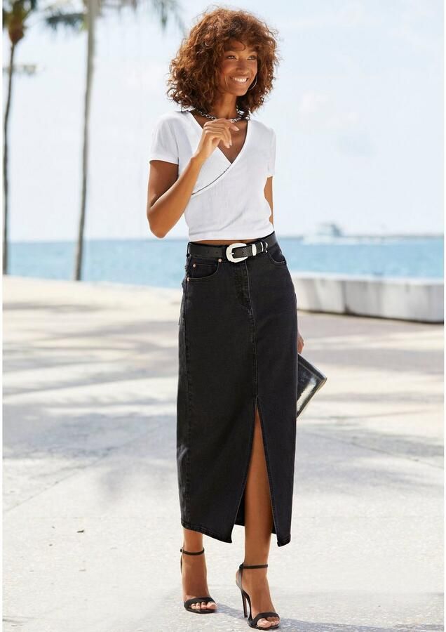 Buffalo Jeans rok in modieuze midi-lengte elastische denimrok met split zomerrok - Foto 7