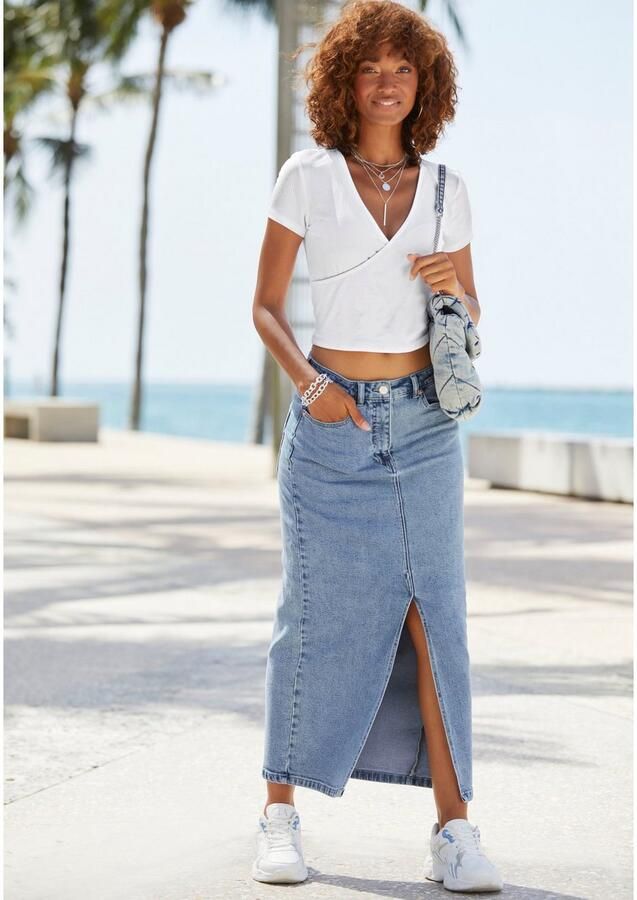 Buffalo Jeans rok in modieuze midi-lengte elastische denimrok met split zomerrok - Foto 4