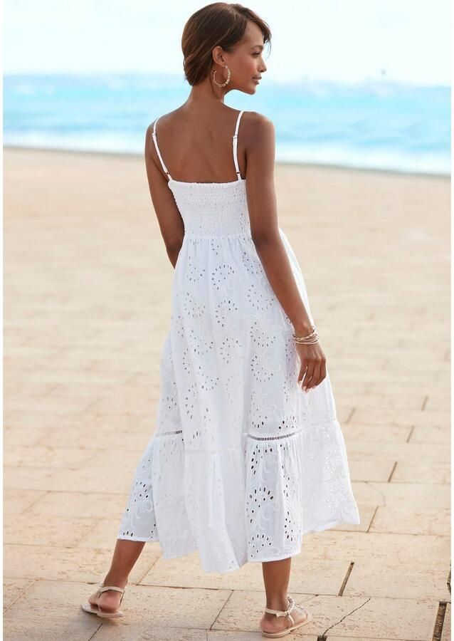 Buffalo Midi-jurk met hoogwaardige gaatjesborduurwerk luchtige zomerjurk van katoen