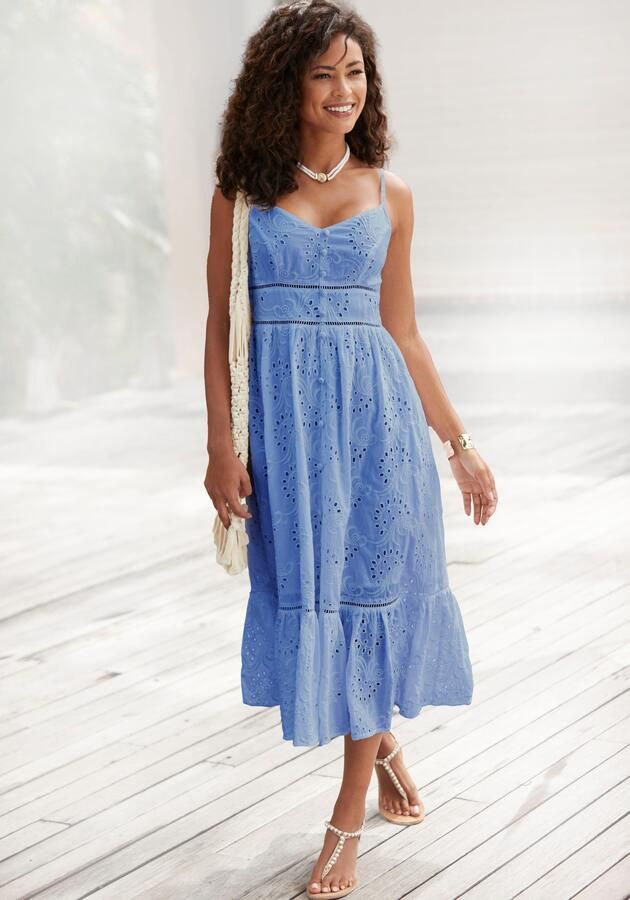 Buffalo Midi-jurk met hoogwaardige gaatjesborduurwerk luchtige zomerjurk van katoen - Foto 6