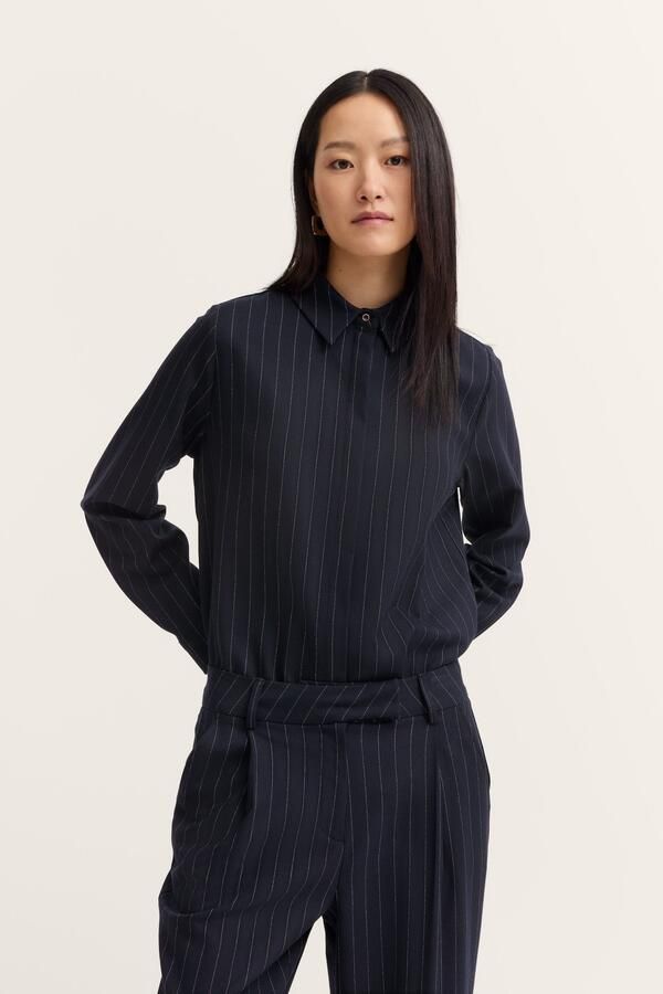 Bugatti Blouse met lange mouwen Stretch-Mix met krijtstrepen en verdekte knoopsluiting - Foto 5