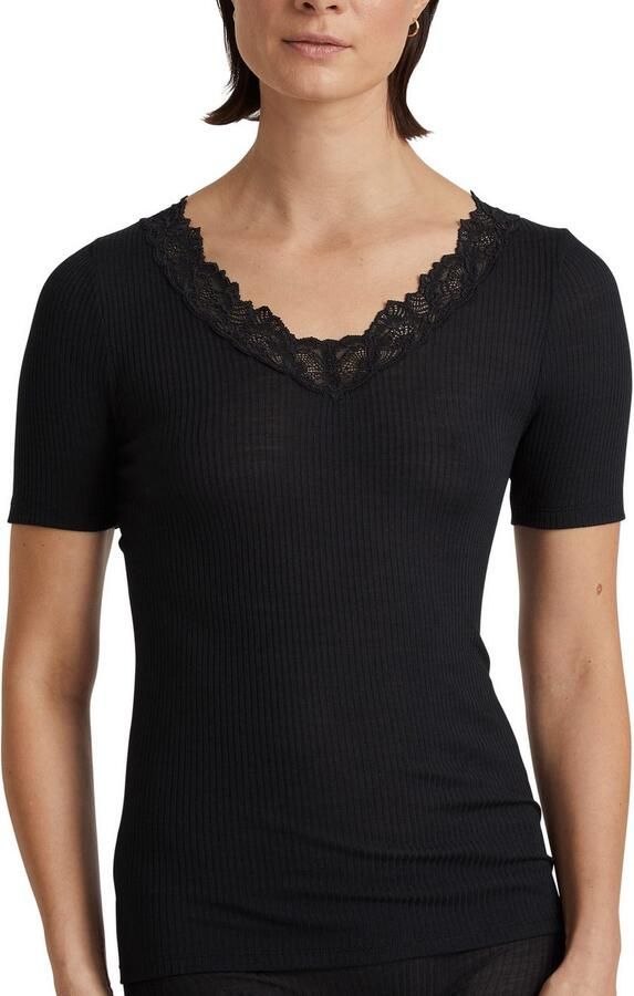 CALIDA Shirt met korte mouwen Silky Wool Joy florale kant v-hals fijne ribkwaliteit verwarmend zacht - Foto 7