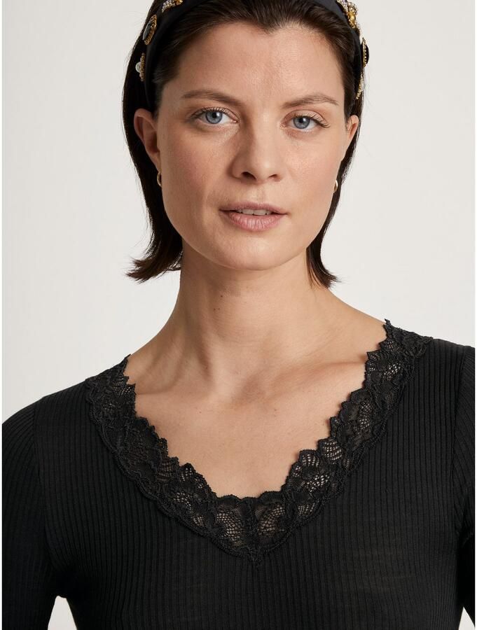 CALIDA Shirt met korte mouwen Silky Wool Joy florale kant v-hals fijne ribkwaliteit verwarmend zacht - Foto 4