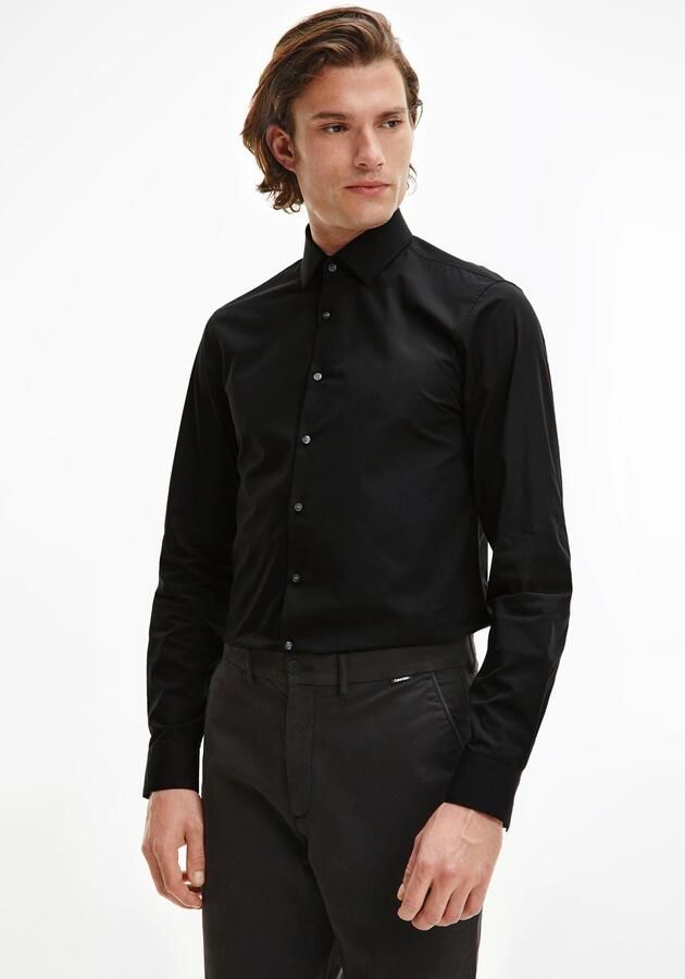 Calvin Klein Businessoverhemd POPLIN STRETCH SLIM SHIRT met kent-kraag logoprint op borsthoogte
