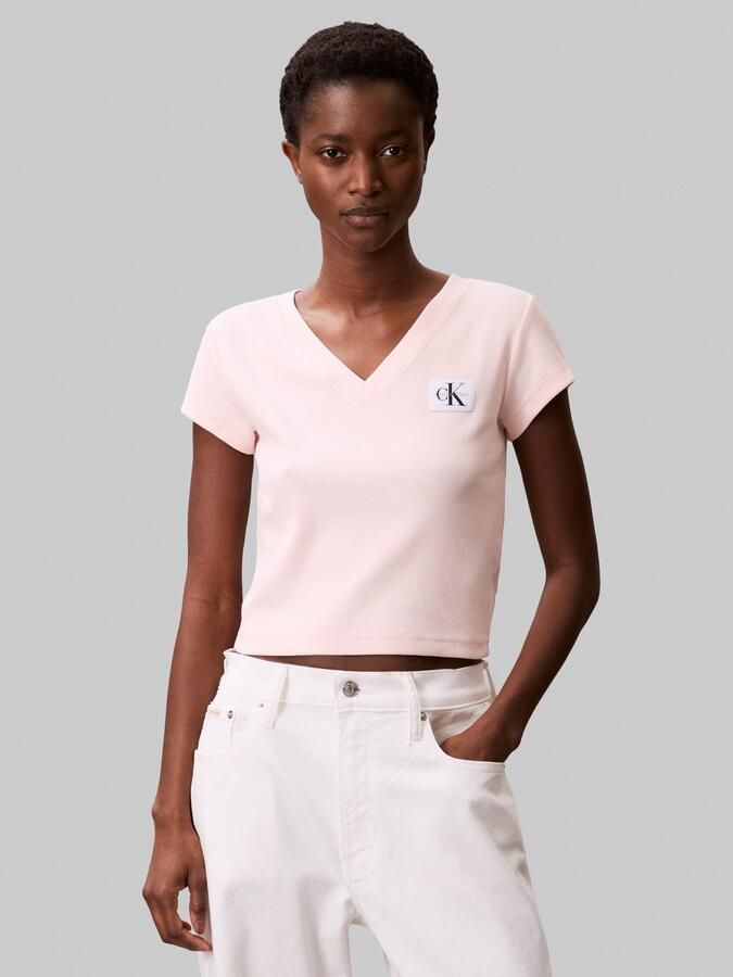 Calvin Klein T-shirt A- SS WOVEN LABEL RIB VNECK TEE - Foto 5