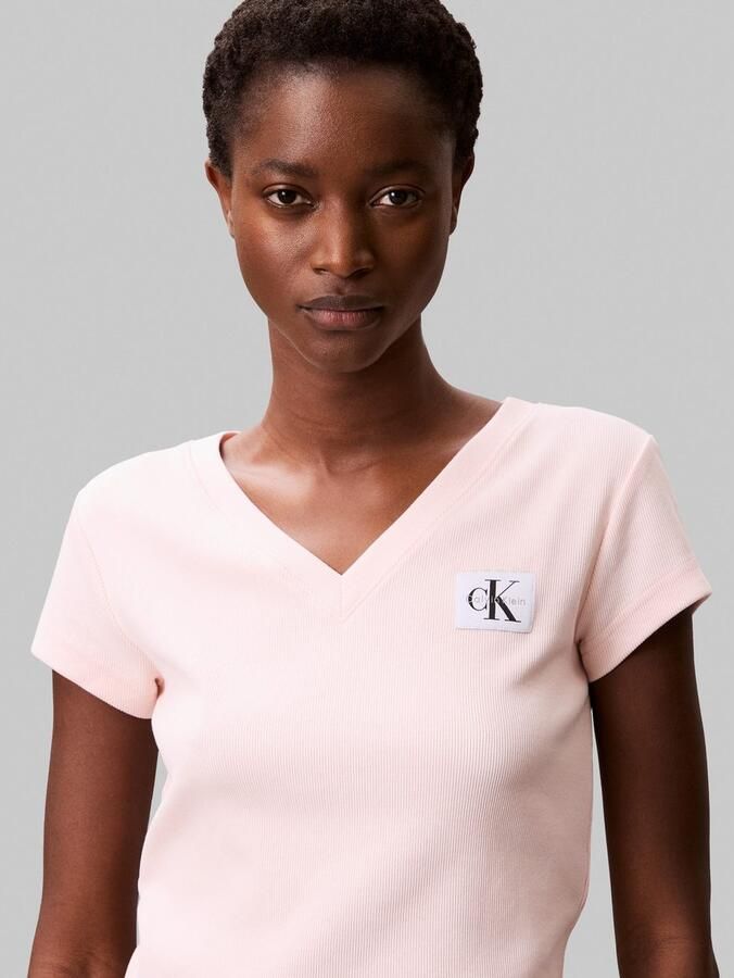 Calvin Klein T-shirt A- SS WOVEN LABEL RIB VNECK TEE - Foto 2