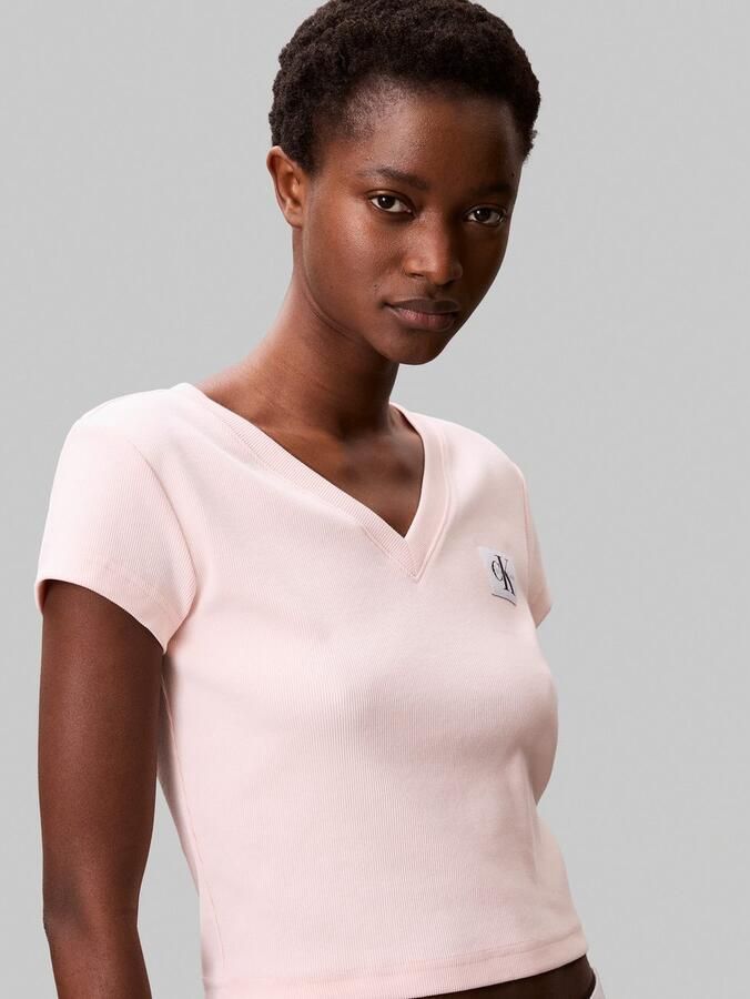 Calvin Klein T-shirt A- SS WOVEN LABEL RIB VNECK TEE - Foto 3