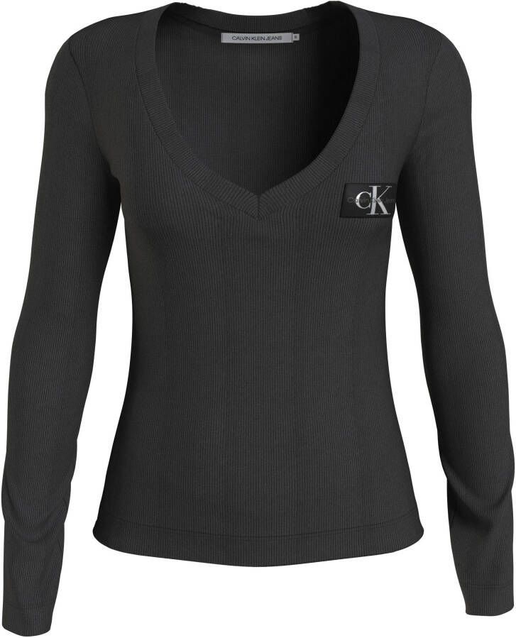 CALVIN KLEIN Dames Tops & T-shirts Woven Label V-neck Long Sleeve Zwart