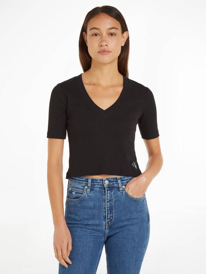 Calvin Klein Geribbelde V-hals T-shirt Black Dames