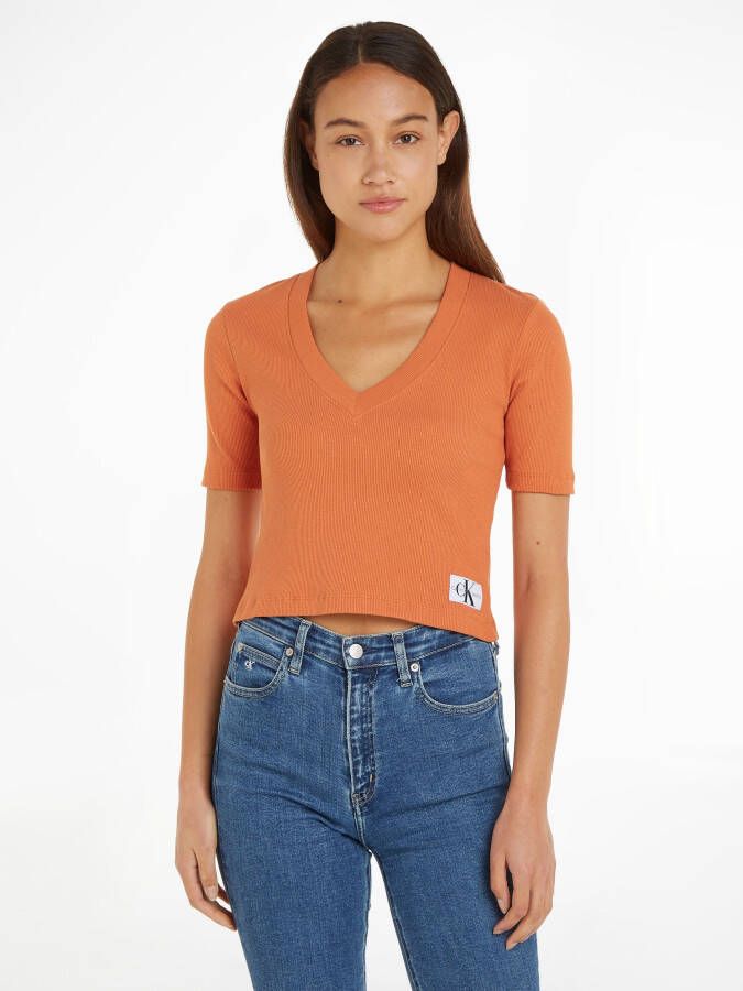 Calvin Klein Geribbeld V-Hals T-Shirt Orange Dames