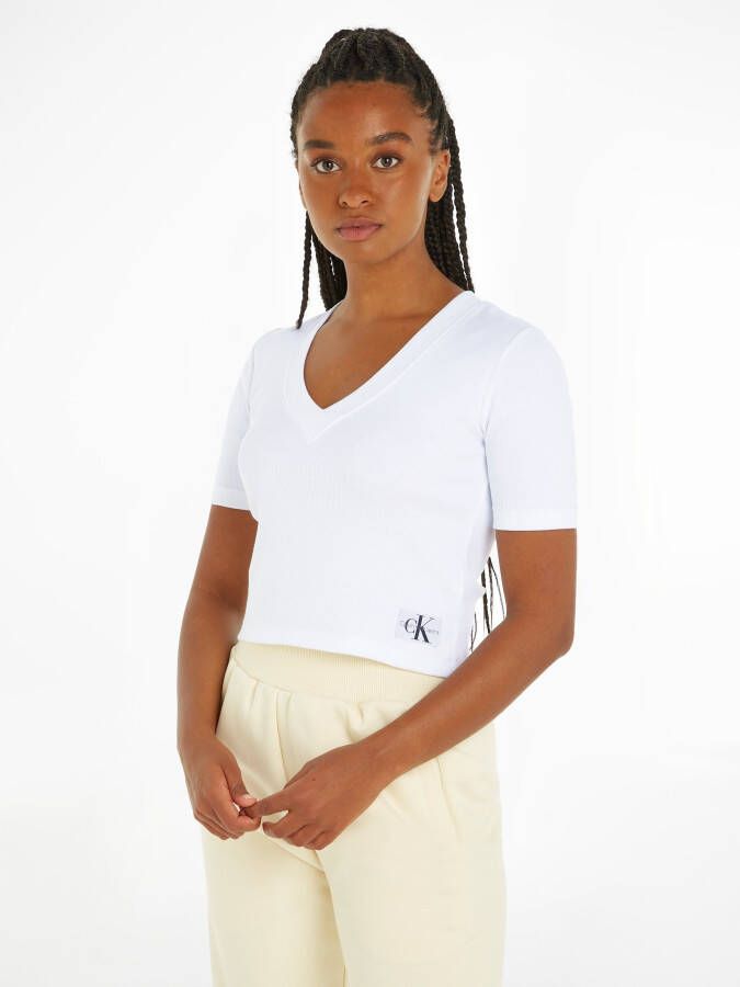 Calvin Klein Geribbeld V-Hals T-Shirt White Dames