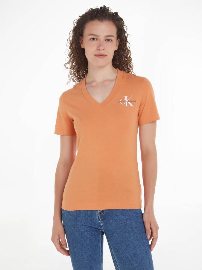 Calvin Klein Basis Katoenen T-Shirt Oranje V-Hals Orange Dames