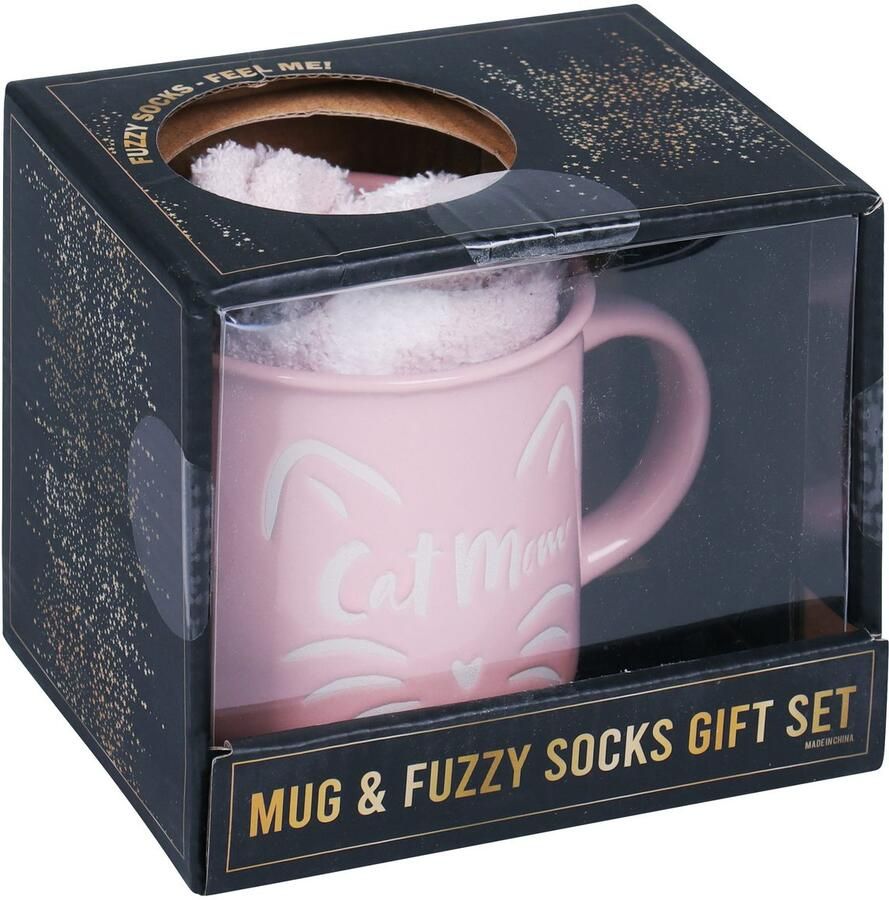 Capelli New York Wellness-sokken Cadeauset met roze knuffelsokken en roze "Cat Mom" mok (1 kopje en 1 paar sokken)
