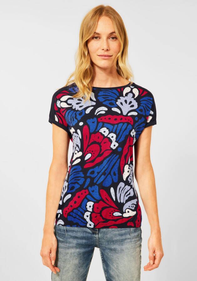 CECIL T-shirt met all over print blauw