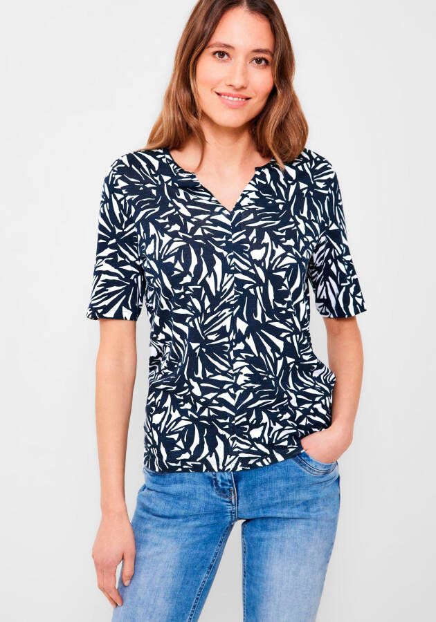 CECIL T-shirt met all over print wit donkerblauw
