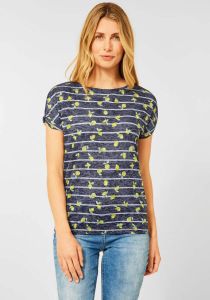 CECIL T-shirt met all over print donkerblauw geel wit