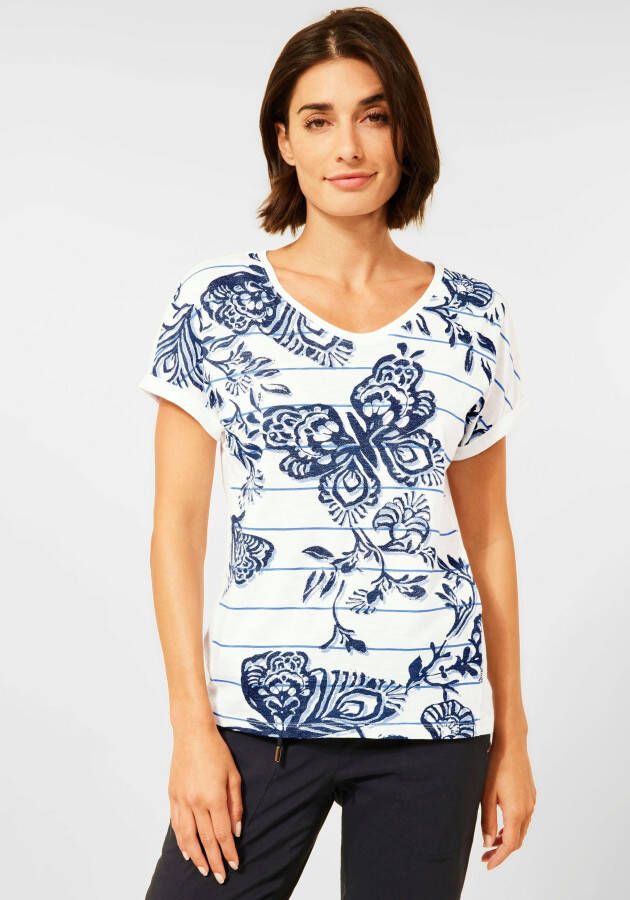 Cecil T-shirt voorpand gedessineerd rug uni