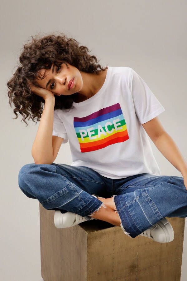 Aniston CASUAL T-shirt Opdruk op voorkant met regenboog en PEACE print