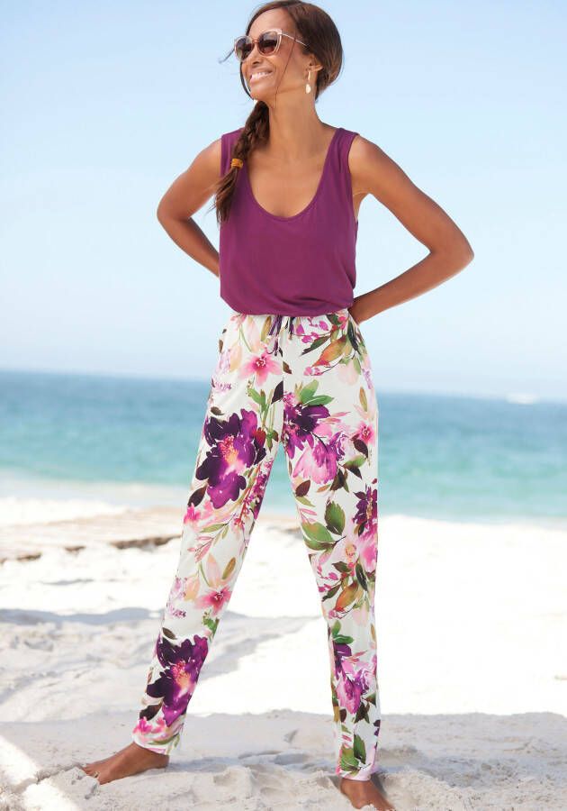 Beachtime Jerseybroek met bloemenprint en elastische tailleband zomerbroek strandbroek