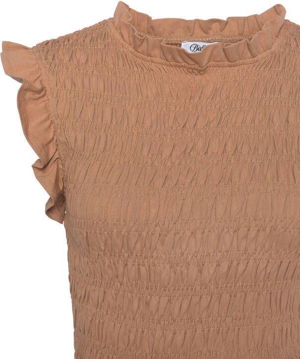 Buffalo Shirt met ronde hals van gesmokte katoenen stof shirt met korte mouwen en ruches