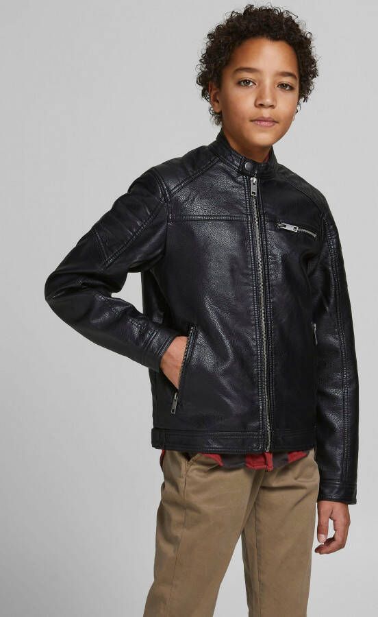 Jack & jones JUNIOR jas JJEROCKY zwart Jongens Imitatieleer Opstaande kraag 128