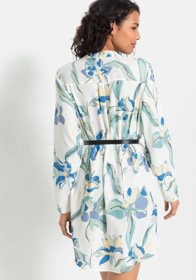 Lascana Lange blouse van kreukstof met bloemenprint blousejurk (Met riem in leer-look)