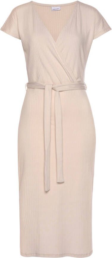 Lascana Midi-jurk van geribde stof wikkeljurk met split casual-chic (Met een bindceintuur)